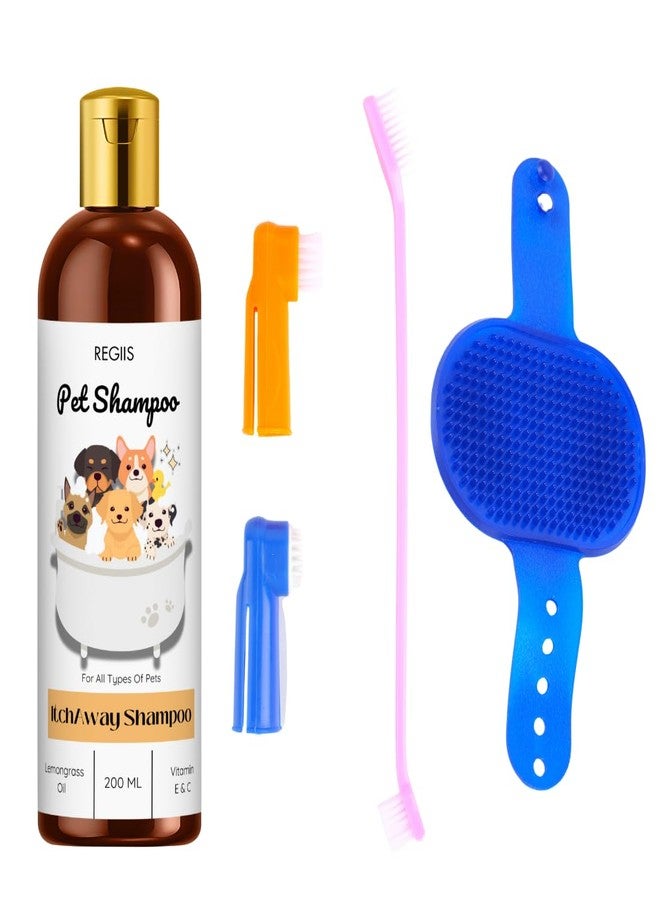 مجموعة شامبو الحيوانات الأليفة من ريجيس مع فرشاة تنظيف، زيت عشبة الليمون وتركيبة فيتامين E وC، زجاجة 200 مل، لجميع أنواع الحيوانات الأليفة (عبوة من 3 قطع) - Image 1